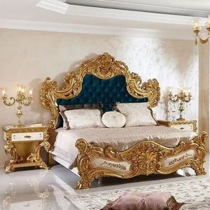 Ensemble de chambre à coucher de luxe bleu roi et or, lit king size en acajou sculpté, mobilier écologique, rembourrage en tissu durable garanti - Product Image 2