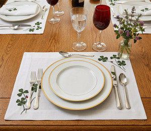 Custom Wholesale QUANG THANH EMBROIDERY Luxury Embroidery Lucky Leaves <b>Placemats</b> Napkins Sets White Linen Mats for Home Hotel - Product Image 2