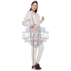 Women's Gray Hooded Tracksuit Set Full Sleeve Zipper Sweatshirt with <b>Side</b> Pockets Casual Solid Color Autumn Wear - Product Image 3