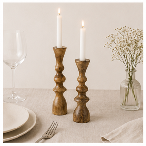 Handcrafted Natural Mango Wood <b>Taper</b> <b>Candle</b> Holder Set Of 2 Elegant Boho Spindle Design for Modern Farmhouse Home Decor Table - Product Image 2