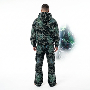<b>Mens</b> <b>Camo</b> Tracksuit Set Rhinestone Leaf Print Hoodie <b>Cargo</b> Pants Custom Streetwear Sportswear Matching Outfit - Product Image 5