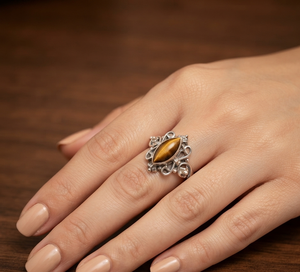 Natural Brown <b>Tiger</b> <b>Eye</b> Marquise Gemstone <b>Ring</b> 925 Silver Vintage Boho Filigree Statement Rose Gold Yellow Gold Handmade Plated - Product Image 1