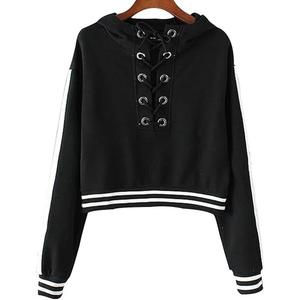 Sudadera con capucha corta de forro polar para mujer al por mayor, con mangas de rayas en contraste, estilo urbano, jersey con logo personalizado, sudadera con capucha de invierno - Product Image 5