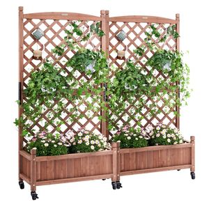 2 unidades de jardinera elevada de madera para exterior, independiente, de 60"x13"x61.4" con orificios de drenaje, y elegante valla y puertas - Product Image 1