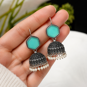 Wholesale Oxidized Silver Aqua Blue <b>Cat</b> Eye Stone Cushion Cut Pearl Jhumka <b>Earrings</b> for Women Ethnic Boho Jewelry - Product Image 1