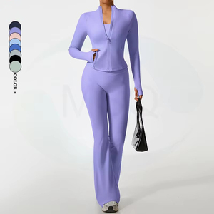 Ensemble de yoga lavande : Leggings évasés taille haute et veste longue zippée en Spandex/Nylon, extensible dans les quatre sens, respirant, sans coutures, couleur unie - Product Image 1