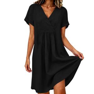 Robe trapèze décontractée d'été en coton 100% avec col en V et manches bouffantes, taille naturelle, silhouette fourreau, couleur unie, tissu respirant - Product Image 2