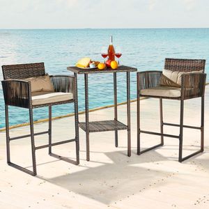 Outdoor 3-Piece Patio Bar Set High Top Wicker Bar Stools Table for 2 Garden Bistro Table Set - Product Image 1