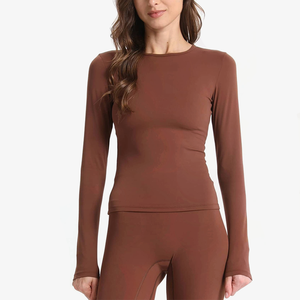 T-shirt pour femme à manches longues, col rond, doux, respirant, écologique, sous-vêtement de yoga, coupe régulière, vêtements de sport, vente en gros - Product Image 3