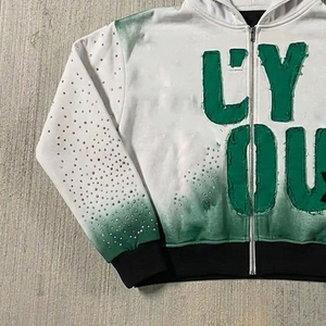 Sweat à capuche unisexe de haute qualité, épais, vintage, avec broderie et patchs, fermeture éclair et strass, pour l'hiver - Product Image 3