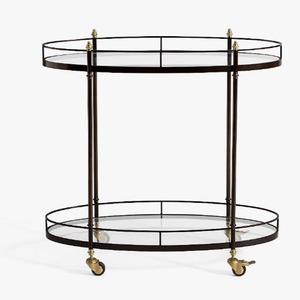 Chariot de bar en laiton avec 2 étagères en verre et 4 roulettes pivotantes, chariot de service contemporain pour hôtel, chariot à boissons - Product Image 5