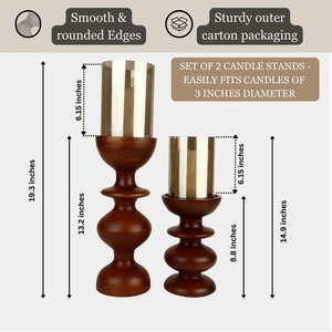 Supports à bougies en bois pour la décoration de la maison avec ensemble de 2 bougeoirs en verre, support à bougies en bois de manguier, décoration de table à manger, forme ronde ondulée - Product Image 5