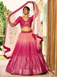 Pink Sequin Woven One <b>Set</b> Short Floral <b>Blazer</b> with Dupatta Pleated Lehenga Wedding Party Outfit - Product Image 5