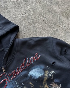 Sudadera con capucha personalizada vintage lavada y desgastada con cremallera completa, de peso pesado, oversize, con gráficos y pedrería bordada, estilo streetwear para hombre - Product Image 2