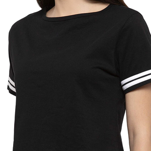 Women's Black <b>2</b>-<b>Piece</b> Sporty <b>Set</b> Short Sleeve Crop Top With <b>White</b> Trim High Waisted Shorts Solid Knitted Breathable Spring - Product Image 4