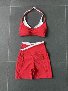 Red Racerback V-neck Crop <b>Top</b> High Waist Shorts Yoga Pants Set Pockets Contrast Binding Seamless Breathable Spandex Nylon - Product Image 6