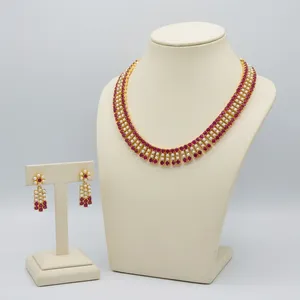 Ensemble de colliers en cuivre plaqué or avec perles pour femmes, bijoux de luxe en zircon pour mariages indiens et fêtes, avec boucles d'oreilles - Product Image 4