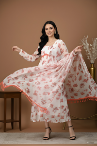 Conjunto de Kurta de Georgette con Estampado Floral Blanco y Dupatta para Mujer, Completamente Cosido con Forro de Crepé, Todas las Tallas Disponibles, Venta al Por Mayor - Product Image 3