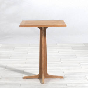 Table de bar en teck massif avec base à piétement unique et plateau à lattes pour un aménagement moderne de terrasse et de café en extérieur - Product Image 5