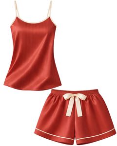 Customized Rust <b>Red</b> Satin Cami Shorts Pajama Set Women Sleepwear Soft Silk Nightwear Two Piece Summer Lounge Set With <b>Bow</b> - Product Image 1