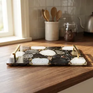 Plateau de service en agate naturelle et marbre avec poignées en métal doré, plateau décoratif en pierre pour table basse, maison, cuisine, hôtel - Product Image 6