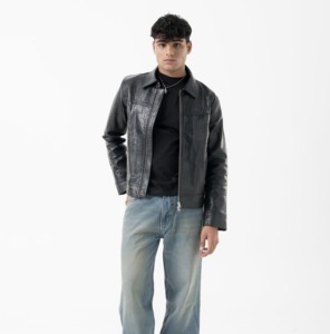 <b>Men's</b> Black Embossed Genuine <b>Leather</b> Quick Dry Wool Lining Moto <b>Jacket</b> Turn-down Collar Zipper Closure Regular Fit Autumn Style - Product Image 1