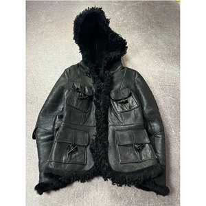 Custom Men's Winter Genuine Leather Shearling Jacket Hooded Sheepskin Coat with Horn <b>Toggle</b> Buttons - Product Image 3