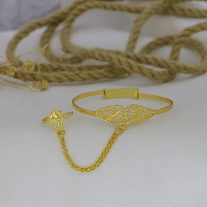 Brazalete ajustable chapado en oro de aleación de alta calidad, pulsera especial árabe de Dubái con anillo de dedo de cadena para mujeres y niñas - Product Image 5