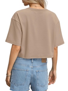 Women Beige Short Sleeve <b>Crop</b> <b>Top</b> Crew Neck Loose Fit Solid Color Casual Summer T-Shirt 100% Cotton Jersey Knitted Breathable - Product Image 2