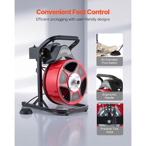 Sonda per la pulizia di scarichi con alimentazione manuale, 50 FT x 1/2 pollice, con 4 frese, attivazione ad aria, interruttore a pedale da 2-6 pollici, macchina per la pulizia delle fognature - Product Image 6