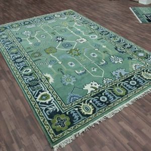 Tapis en laine traditionnel Oushak à motifs floraux noué à la main |   Tapis fait main de couleur vertâtre, style vintage pastel, décoratif pour salon - Product Image 1