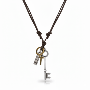 Silver Key of Faith Rhodium Plated Stainless Steel Pendant with Adjustable Leather Rope for Men - Product Image 3