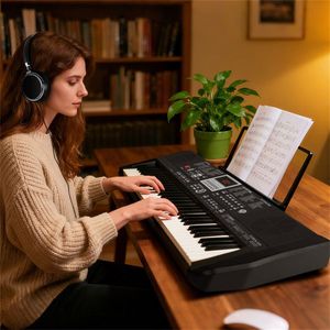 Pianoforte Digitale a 61 Tasti per Principianti Nero con Modalità di Insegnamento Illuminata, 200 Ritmi e Funzione Doppia Tastiera - Product Image 4