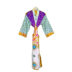 Wholesale Vintage Silk Saree Women Nightwear Beachwear Bathrobes Kimonos For Beach Wear Indoor Floral Printed Silk Kimono