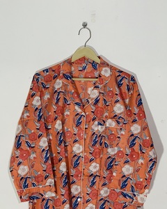 Ensembles de pyjama en coton style bohème, col rabattu boutonné, imprimés à la main, respirants, vêtements de nuit d'été - Product Image 2
