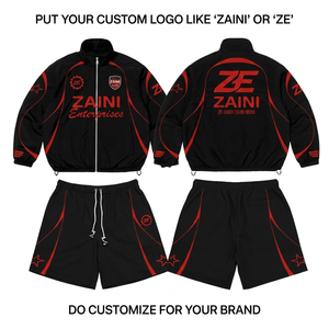 Conjunto Corto Cortavientos de Poliéster Taslon Premium de 130 GSM, Diseño de Paneles en Negro y Rojo, Logotipo Personalizado, Ropa Urbana OEM - Product Image 1
