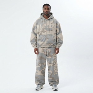 Ensemble de survêtement pour homme gris clair beige camouflage avec sweat à capuche zippé, coupe ample, jambe large, style streetwear, design à empiècements, personnalisable OEM ODM - Product Image 1