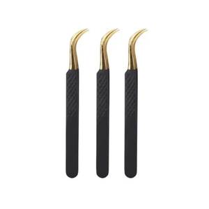 Precision Gold-Plated <b>Eyelash</b> Tweezers with Black Textured Handle Smooth Tip for Accurate <b>Application</b> - Product Image 1