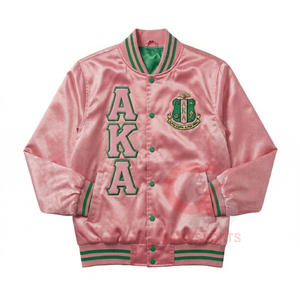 Veste bomber en satin rose et vert avec broderie de lettres grecques, coupe courte, coupe-vent, pour femmes, style universitaire et HBCU. - Product Image 4