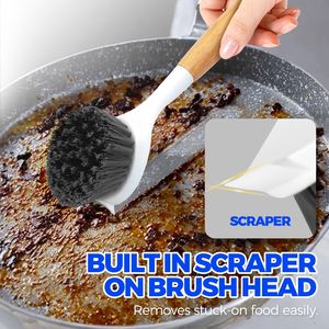 Lot de 3 brosses-racloirs en fonte avec manche en bambou, poils en nylon robustes, nettoyant de cuisine, éponges et tampons à récurer pour poêles - Product Image 4