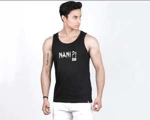 Débardeur en coton noir pour homme NANI? Débardeur imprimé à col rond, décontracté, respirant, en maille, avec logo frontal - Product Image 1