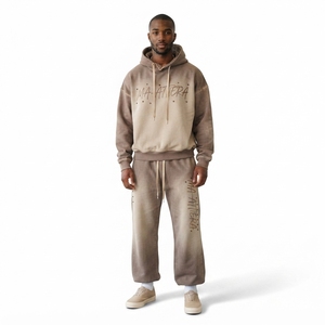 Conjunto de Sudadera con Capucha y Pantalones Anchos de Felpa Marrón Lavado para Hombre, Estilo Urbano, Venta al por Mayor OEM - Product Image 1