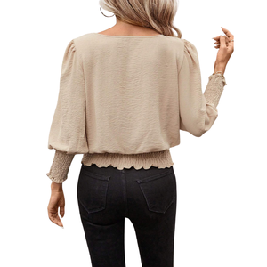 Women's Beige Solid Breathable Chiffon Blouse Crew Neck Hubble-<b>Bubble</b> Sleeve Ruffles Three Quarter Sleeve Loose Fit Casual <b>Top</b> - Product Image 2
