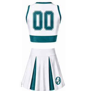 Ensemble d'uniformes de cheerleading sublimés blancs et turquoise sans manches – Haut et jupe athlétiques pour l'entraînement, la performance et la compétition - Product Image 2