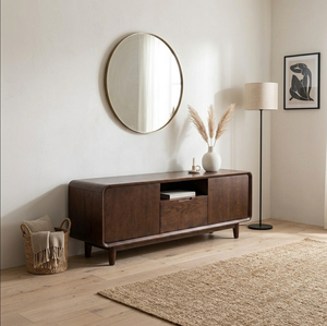Meuble TV en chêne avec portes, tiroirs et étagères ouvertes - Design moderne du milieu du siècle, à poser au sol pour salon, compatible avec les téléviseurs de 65 pouces et plus - Product Image 2