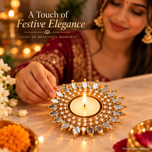 <b>Gold</b> Tealight <b>Holder</b> with Crystal Mirror Design in Green Decorative Box for Home Décor and Festive Use - Product Image 4