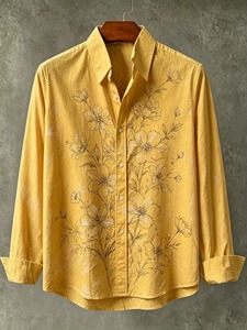 Chemise Homme Tendance en Coton Respirant, Motif Floral Vintage Rose Épanouie Entièrement Imprimé, Col Revers, Manches Longues, Motif Dessiné à la Main Style Urbain - Product Image 1