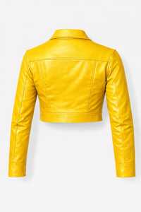 Veste en cuir courte pour femme, design tendance, jaune vif, coupe ajustée, style trucker, pièce maîtresse de la mode - Product Image 2