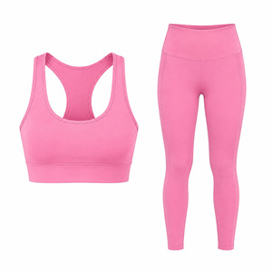 ชุดเซ็ต 2 ชิ้น เสื้อชั้นในกีฬาแบบ Racerback สีชมพู กางเกงเลกกิ้งเอวสูง รองรับระดับปานกลาง ชุดออกกำลังกายโยคะ - Product Image 1