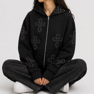 Sudadera con capucha de otoño con cremallera y cruz de diamantes de imitación, de alta calidad, estilo gótico, unisex, streetwear, con logotipo bordado personalizado, colores OEM/ODM - Product Image 4